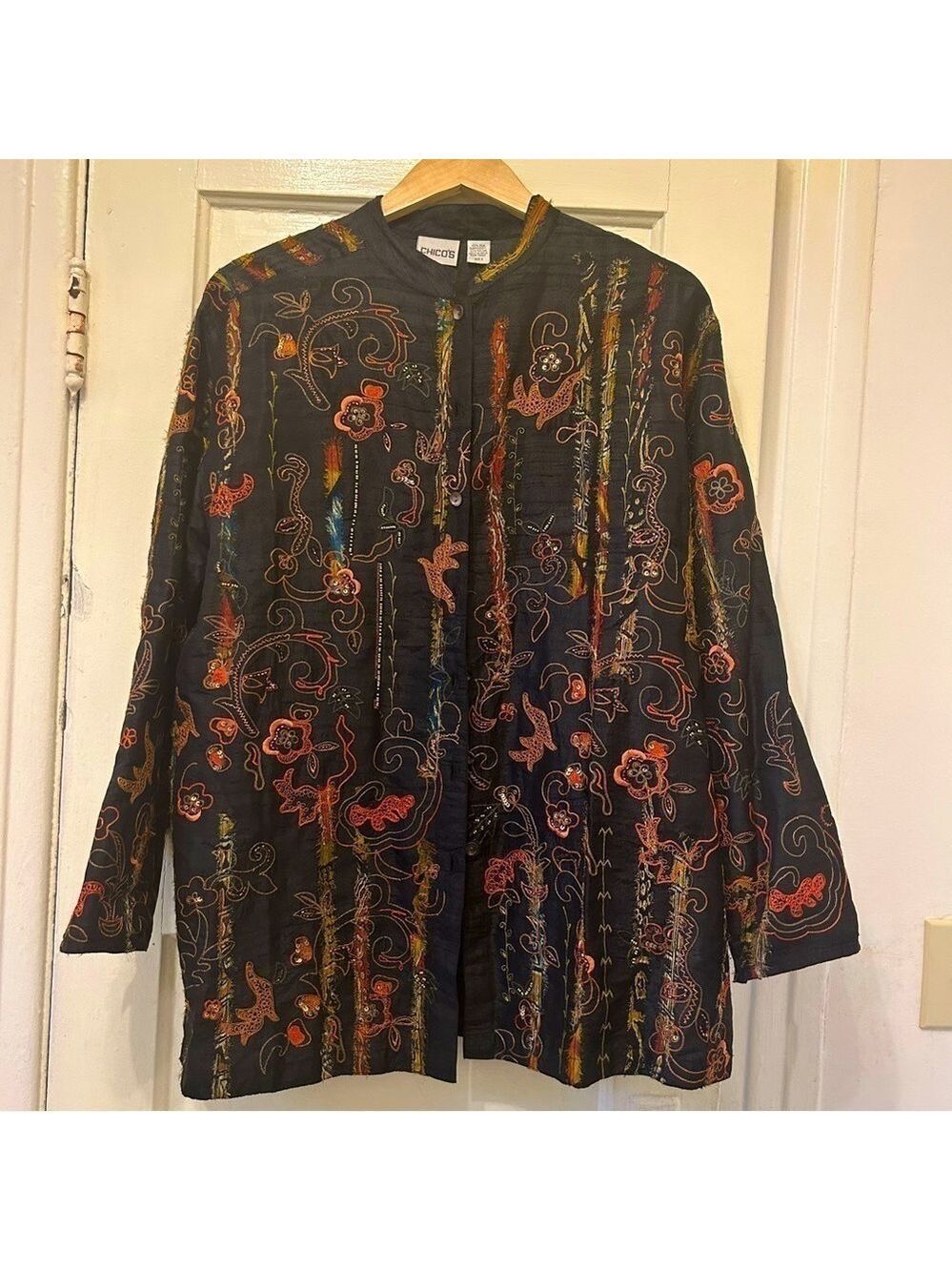 Chicos 3 Embroidered 100% Silk Blouse Button Closure